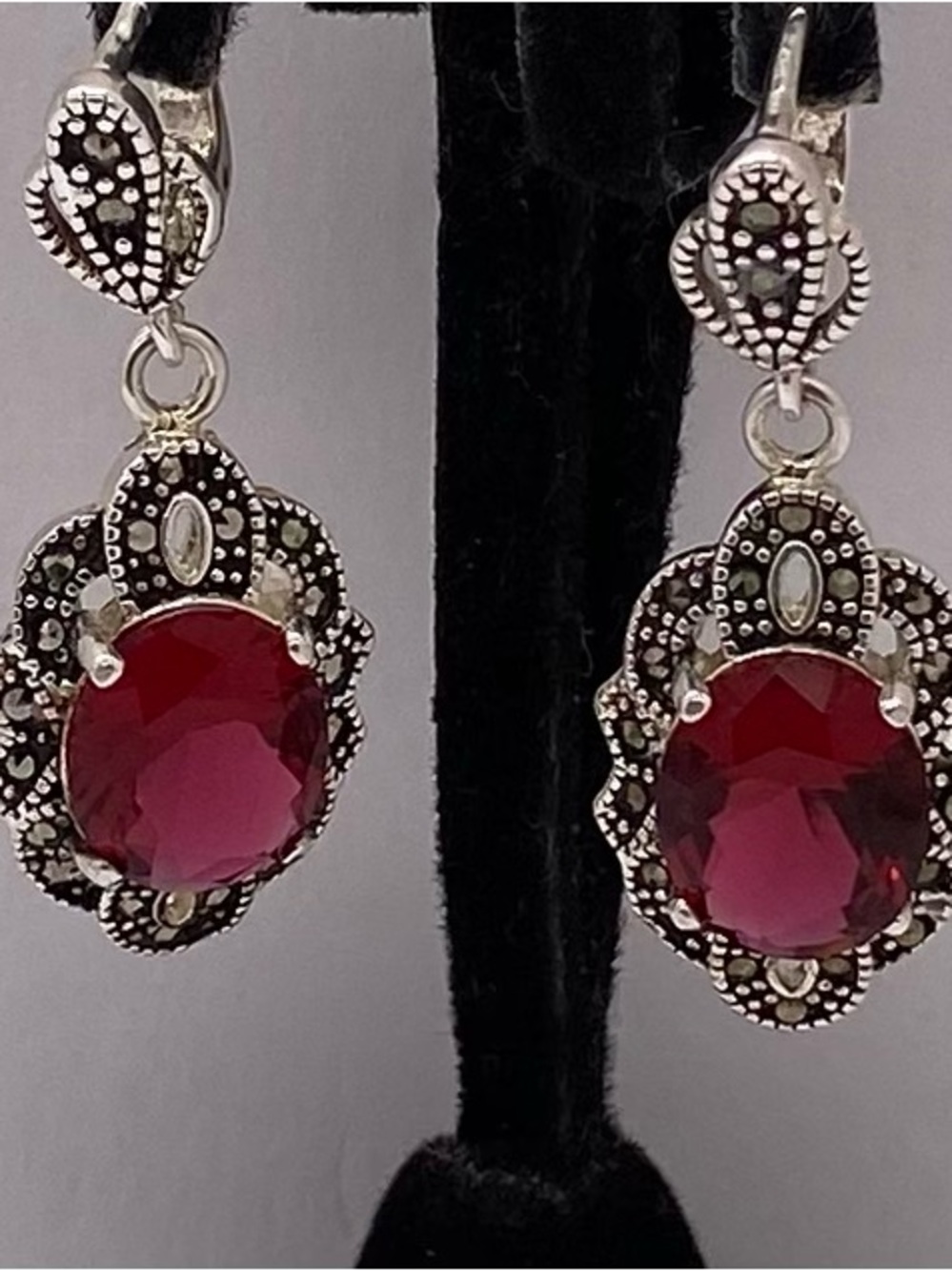 Vintage Silver-Tone Earrings with Deep Red Stones